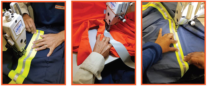 Three images of reflective stripes being sewn onto garments